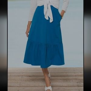 Appleseed's Boardwalk Knit Flounced Midi Skirt. Color: Seaport Blue. Size Petite